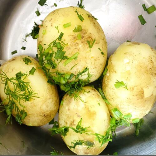 Freshly cooked Finnish new potatoes in a pot, topped with chopped dill.