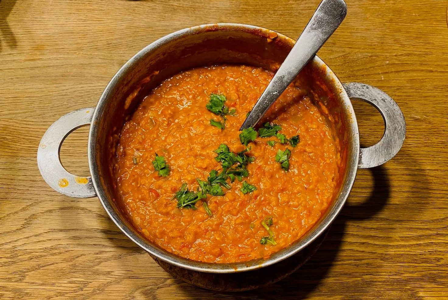 Creamy red lentil dahl in a pot, garnished with fresh cilantro