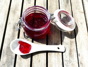 Homemade red currant jelly showing its clear, firm set in a porcelain spoon